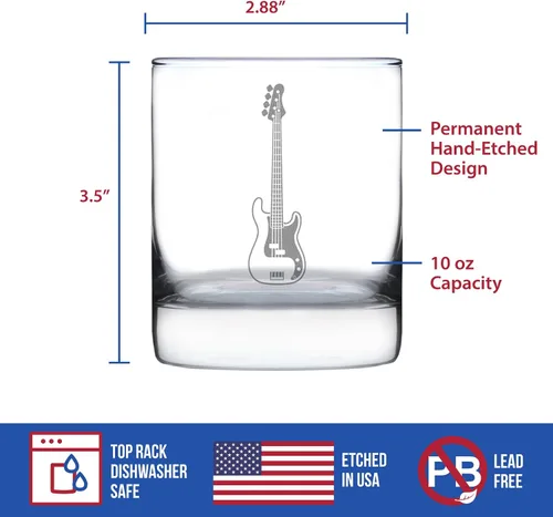 Vista 4 de Vidrio de rocas de bajo eléctrico personalizado – Regalos de música para bajistas, profesores y accesorios musicales para músicos que tocan bajo