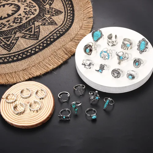 Vista 2 de Juego de 25 anillos de nudillos plateados vintage para mujeres y hombres, vaquera occidental, apilables, anillos midi abiertos apilables, anillos