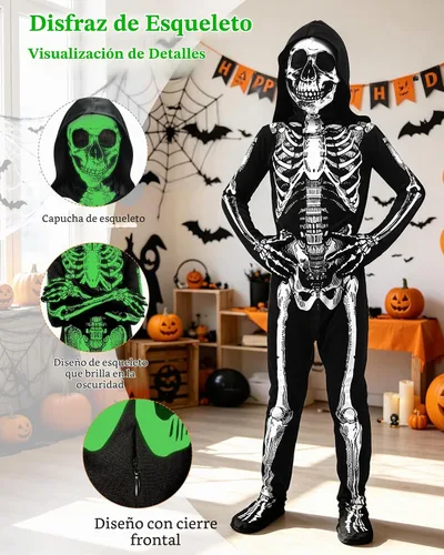 Vista 3 de BOMLY Disfraz de esqueleto para niños, disfraz de Halloween con capucha y Negro