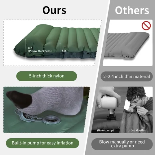 Vista 4 de Almohadilla de dormir para camping, extra gruesa de 5 pulgadas, ultraligera para acampar con almohada, bomba de pie integrada, almohadillas