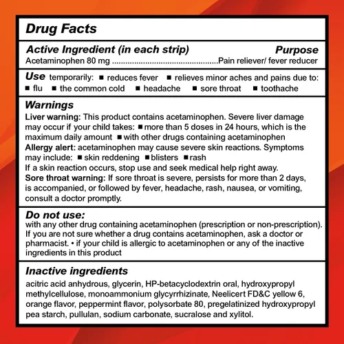 Vista 6 de Tiras masticables de acetaminofeno para niños, 24 tiras Alivio del dolor y reductor de fiebre Apoyo de acción rápida para síntomas de resfriado