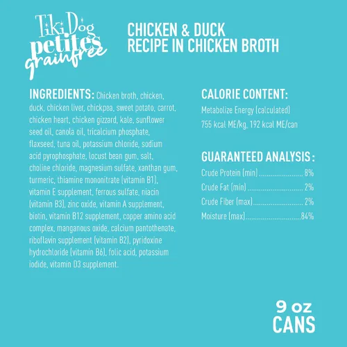 Vista 6 de Tiki Dog Aloha Petites - Comida húmeda para perros, alimentos integrales, pollo y pato, lata de 9 onzas
