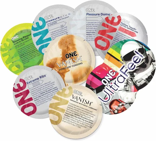 Vista 2 de ONE® Preservativos Premium Pleasures™ 6 estilos que mejoran el placer Paquete variado Preservativos de látex ultrafinos Extra lubricados