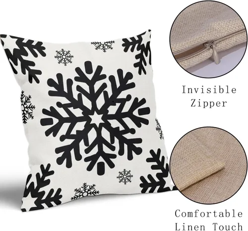 Vista 4 de Fundas de almohada decorativas de Navidad negras 40x40 cm con copos de nieve blancos de Navidad, juego de 2, temática rústica de invierno
