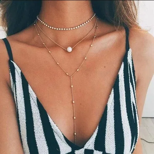 Vista 3 de Juego de 3 collares para mujer, cadenas de joyería en capas, gargantilla de cristal artificial, perla, cuentas de cobre, colgante de flecos, moda