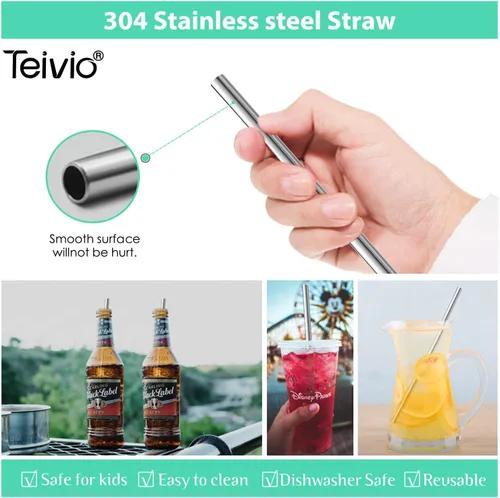 Vista 11 de Teivio 8 popotes de acero inoxidable de 5/16 pulgadas de ancho para vaso de 40 onzas con asa, popotes de metal reutilizables de 12 pulgadas
