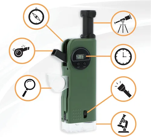 Vista 9 de Carson X-Scope Kids - Herramienta de bolsillo óptica multiusos de 7 funciones con microscopio 30x, telescopio 8x, lupa plegable 9x, linterna