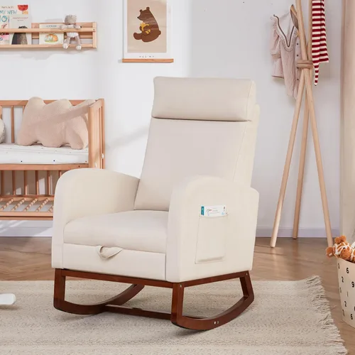 Vista 8 de Silla mecedora para guardería, balancín de respaldo alto con reposapiés, color beige Rocking Chair Nursery with Footrest Storage Pocket
