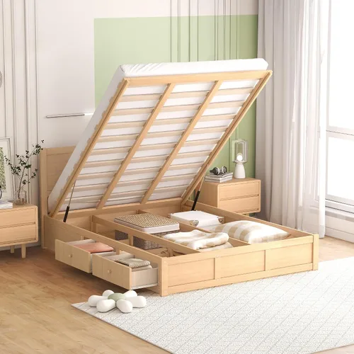 Vista 17 de VilroCaz Cama de plataforma multifunción de tamaño matrimonial con nido y cajones, plataforma de madera con cabecera de almacenamiento y enchufes