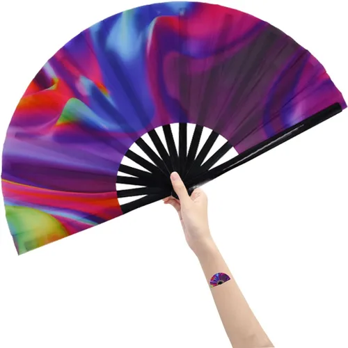 Vista 17 de Abanico grande plegable de mano para baile de línea, abanico de clic para botas en el suelo, para baile, fiesta, decoración, festival (Alien)