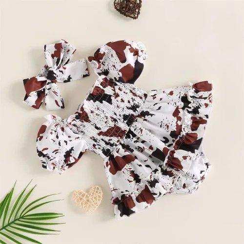 Vista 9 de YINGISFITM Mameluco de manga larga para bebé niña con volantes, estampado de vaca, vestido de verano, ropa linda