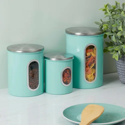 Vista 4 de Conjunto de botes de cocina retro para encimera (juego de 3 piezas) turquesa de Home Basics - Contiene ventanas transparentes; ideal para harina