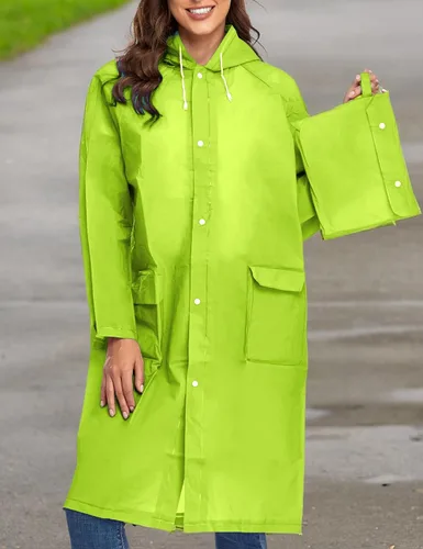 Vista 5 de Poncho de lluvia reutilizable de EVA para adultos, unisex, para hombres y mujeres, con capucha, largo y transparente