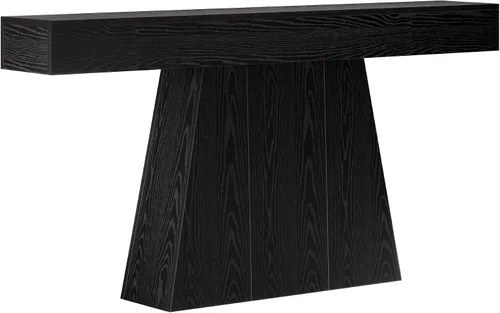 Vista 9 de Tribesigns Mesa consola negra de 63 pulgadas, mesa de entrada de granja con base trapezoidal, mesa de sofá estrecha y larga de madera detrás