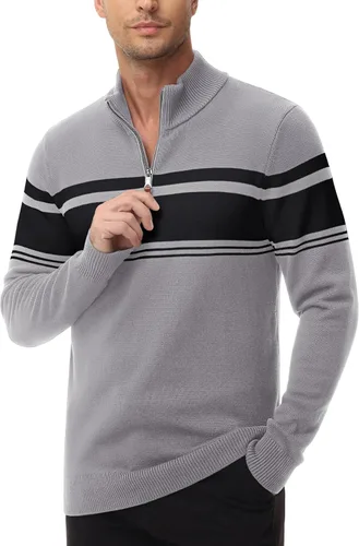 Vista 2 de MAGCOMSEN Suéteres de algodón con cremallera de 14 para hombre, suéter tipo polo, a rayas, para otoño e invierno, sudaderas cálidas