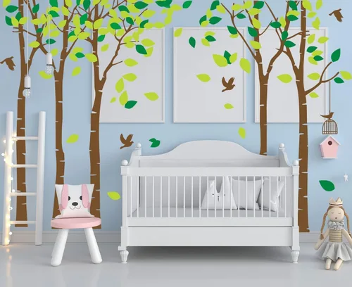 Vista 2 de luckkyy Calcomanía para pared, Gran Familia de cinco Árboles con pájaros y jaulas, para habitación familiar, arte decoración.