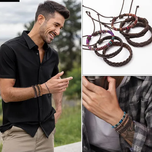 Vista 4 de FIRAZIO Juego de 27 pulseras de cuero trenzado para hombres y mujeres, pulseras de cuentas de madera, cuerdas de cáñamo, étnicas tribales hechas a