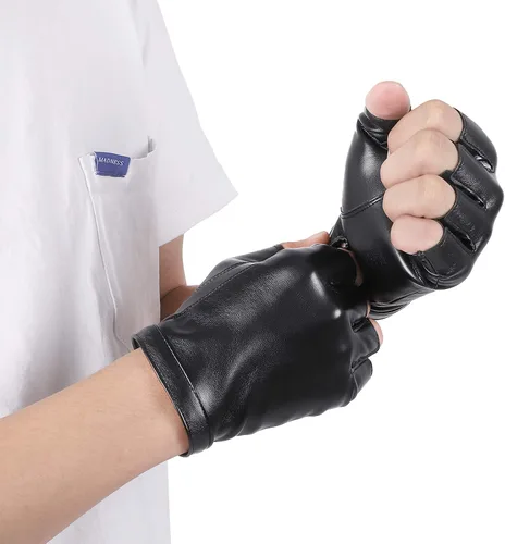 Vista 4 de Accmor Guantes de piel sintética sin dedos, guantes de conducción, deportes al aire libre, cosplay, disfraz de medio dedo para mujeres, hombres