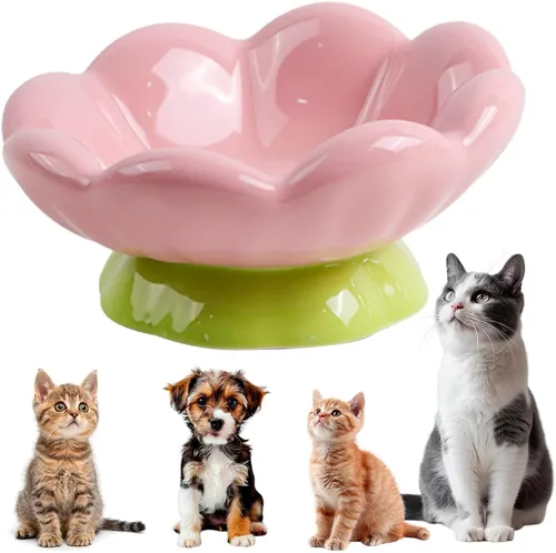 Vista 7 de DIF DECO - Cuenco elevado de cerámica para gatos, cuencos elevados de comida rosa para alimentos y agua, protege la columna vertebral y los bigotes
