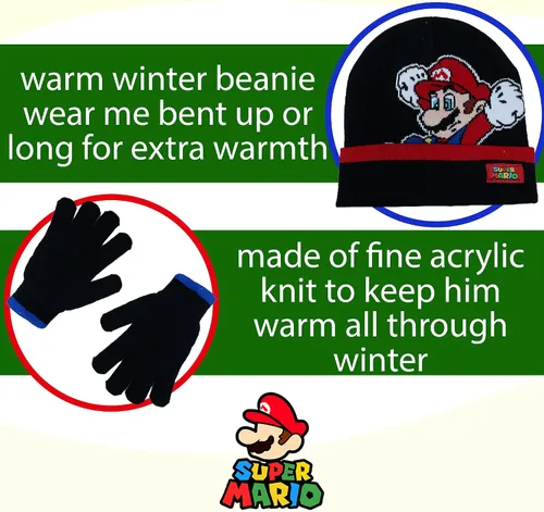 Vista 6 de Nintendo Super Mario - Conjunto de gorro y guantes de invierno para niños para clima frío, edad 4-7, Multicolorido