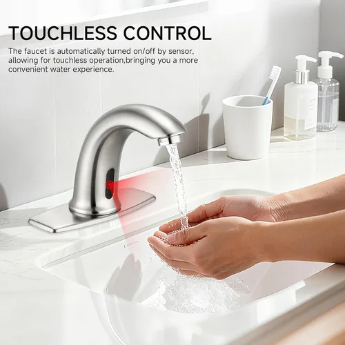 Vista 2 de Grifo automático para lavabo de baño con sensor de movimiento sin contacto Brushed Nickel Finish, Touchless Infrared Sensor, Water-Saving, Battery