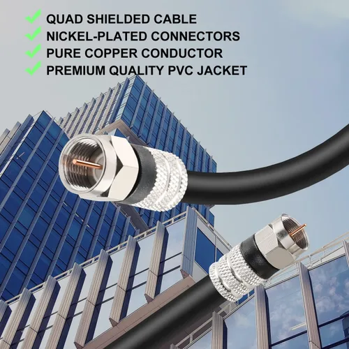 Vista 5 de Postta Cable coaxial digital (6 pies) Cable RG6 negro blindado cuádruple con conectores F-macho