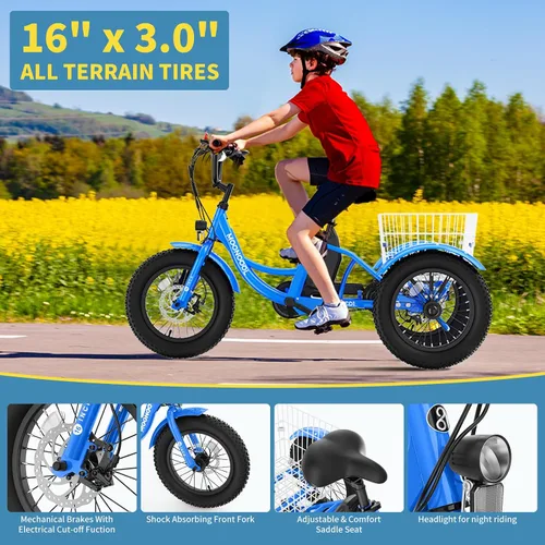 Vista 5 de NAIZEA Bicicleta eléctrica para niños, triciclo de 16 pulgadas para niños y niñas de 6 a 12 años, bicicleta eléctrica para niños de 250 W, bicicleta