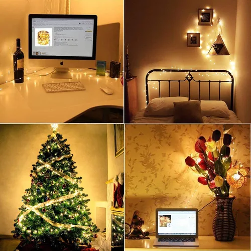 Vista 5 de RUICHEN Guirnalda de luces USB de 33 pies, 100 luces LED con interruptor de encendido/apagado (blanco cálido, paquete de 2)