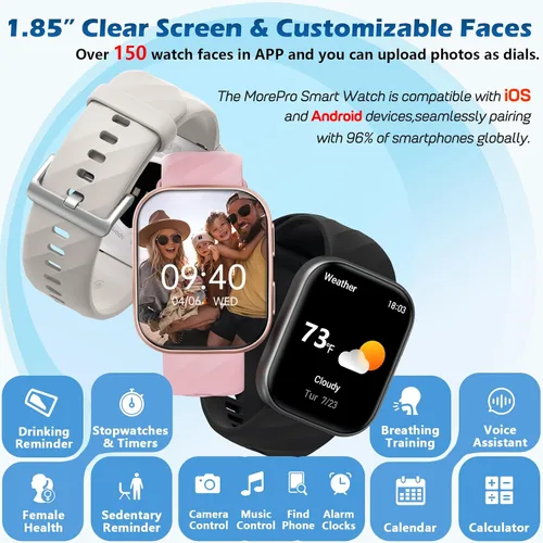 Vista 8 de MorePro Rastreador de fitness con monitor de frecuencia cardíaca 24/7 / presión arterial, seguimiento de oxígeno en sangre/sueño, más de 120