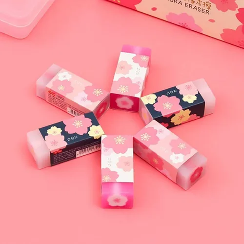 Vista 2 de 3 piezas de borradores de goma de flores de cerezo rosa de Sakura pétalo boceto de pintura lápiz herramienta de corrección escuela oficina papelería