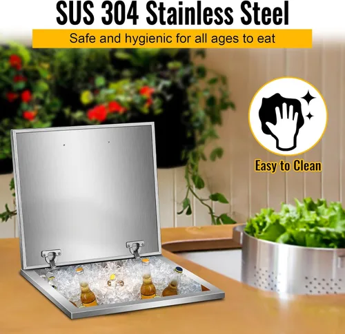 Vista 6 de Baúl de hielo con tapa, enfriador de hielo de acero inoxidable incluido, tubo de drenaje y tapón de drenaje, cubo de hielo para cocina al aire libre