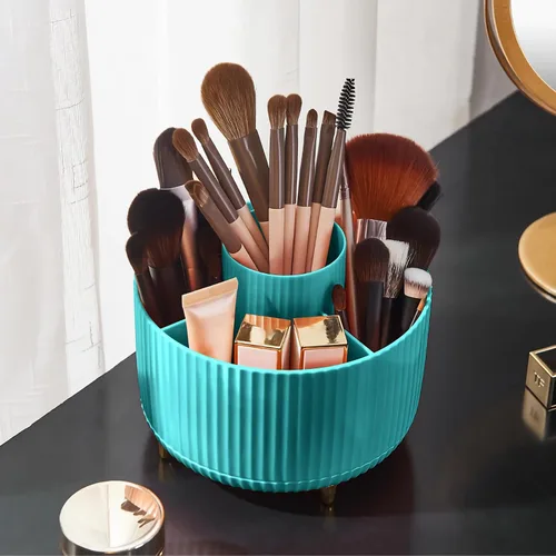 Vista 16 de Organizador para brochas de maquillaje, organizador de brochas de maquillaje giratorio 360°, taza con 5 ranuras para brochas de maquillaje