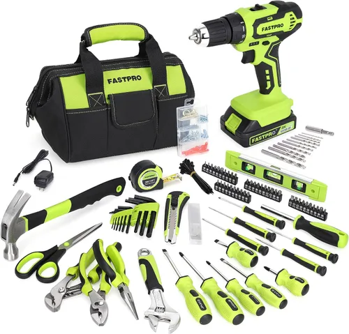 Vista 12 de FASTPRO 232 piezas 20 V Rosa inalámbrico Taladro de iones de litio y juego de herramientas para el hogar, kit de herramientas de reparación