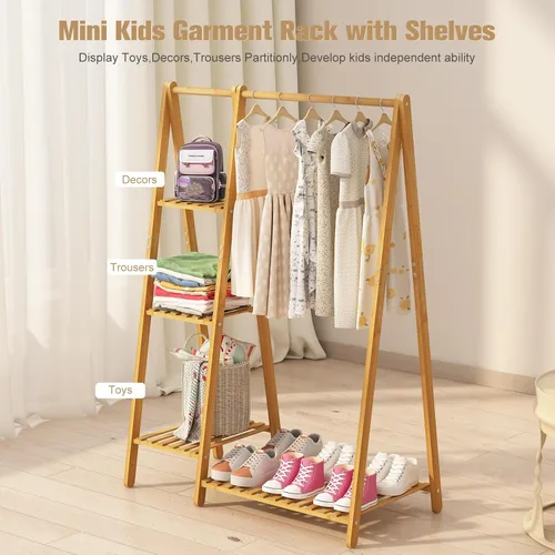 Vista 4 de Perchero pequeño de bambú, perchero de ropa para niños, mini perchero de madera con estantes, percheros cortos para disfraces para colgar paños