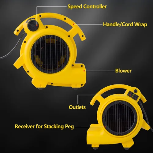 Vista 4 de Shop-Vac 1032005 Professional® 500 Max CFM Air Mover, cable de 12 pies, 3 ajustes de secado, ligero con salidas integradas para múltiples