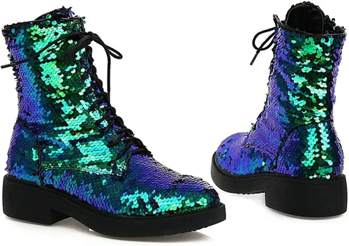 Vista 2 de FIFSY Botines de combate con purpurina y lentejuelas para mujer con tacones brillantes