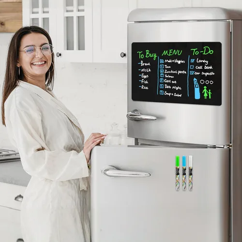 Vista 6 de CUHIOY Pizarra magnética negra de borrado en seco para refrigerador de 12 x 8 pulgadas, pequeña pizarra magnética para refrigerador, superficie