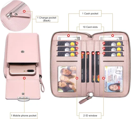 Vista 4 de Kukoo Bolsa cruzada para mujer, tamaño pequeño para teléfono celular, con ranuras para tarjetas de crédito