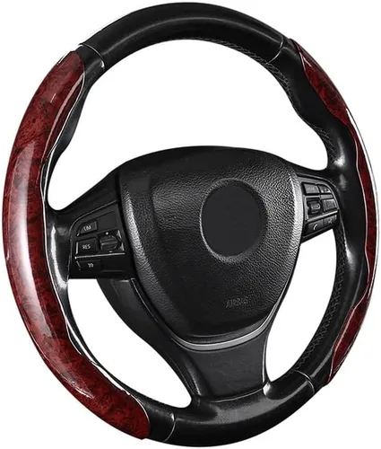 Vista 10 de Funda para volante de automóvil segmentado de grano de madera con forro antideslizante, ajuste universal para la mayoría de accesorios interiores