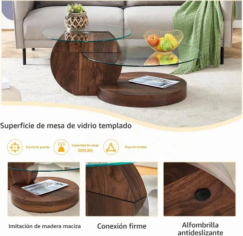Vista 5 de Mesa de Café Redonda de Vidrio, Modernas Mesas de Café de Vidrio Templado para Sala de Estar, Mesa de Centro Circular de Nuez de 3 Niveles