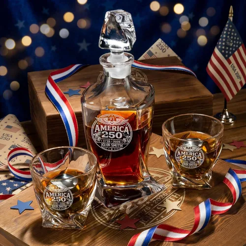 Vista 7 de Juego de decantador de whisky trenzado personalizado para el 250 aniversario, regalo de independencia de Estados Unidos 250 para hombres, nombre
