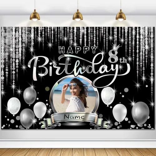 Vista 68 de Cartel de decoración de feliz cumpleaños número 100 personalizado - Personalización disponible - Negro y plateado - Tamaño grande - Admite fotos