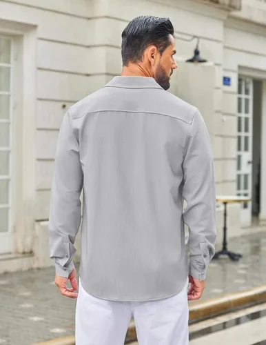 Vista 28 de COOFANDY Camisa de vestir casual de mezclilla con botones y manga larga para hombre