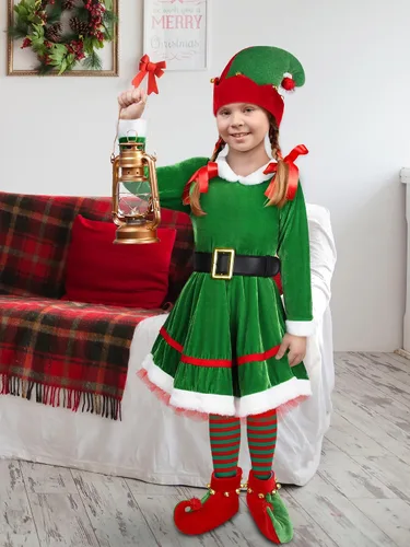 Vista 6 de AOTHSO Conjunto de disfraz de elfo de Navidad para niñas, disfraz de elfo, vestido de terciopelo, sombrero de elfo, cinturón de oreja, calcetines a