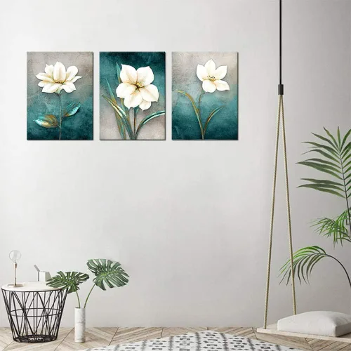 Vista 5 de Lienzo decorativo para pared, diseño floral blanco crema, fondo turquesa, fondo gris azulado, cuadro de arte moderno rústico, baño, dormitorio, sala