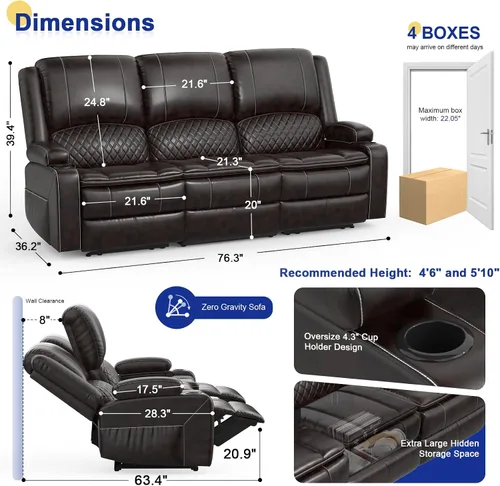 Vista 2 de Sofá reclinable mejorado 2026 de 3 plazas con sillón reclinable, asiento de cine en casa con consola elevable y reposabrazos extraíbles, sofá manual