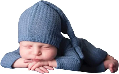 Vista 18 de Moda recién nacido niños niñas bebé sesión de fotos accesorios trajes ganchillo ropa sombrero de cola larga pantalones accesorios de fotografía