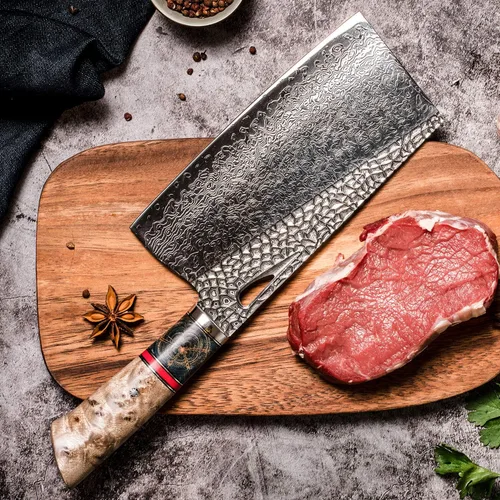 Vista 6 de Damascus Kitchen - Cuchillo chino de 7.5 pulgadas profesional hecho a mano con mango de madera estabilizado para carne y verduras en el hogar