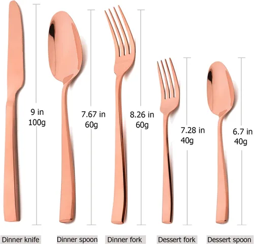 Vista 7 de Juego de cubiertos de oro rosa de 20 piezas, cubiertos de acero inoxidable 18/10, juego de vajilla resistente, incluye cuchillo, tenedor/cuchara