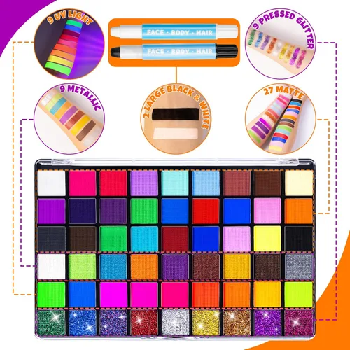Vista 6 de Kit de pintura facial de 54 colores para niños, kit de maquillaje de pintura facial no tóxica con plantilla, libro guía, kit de maquillaje